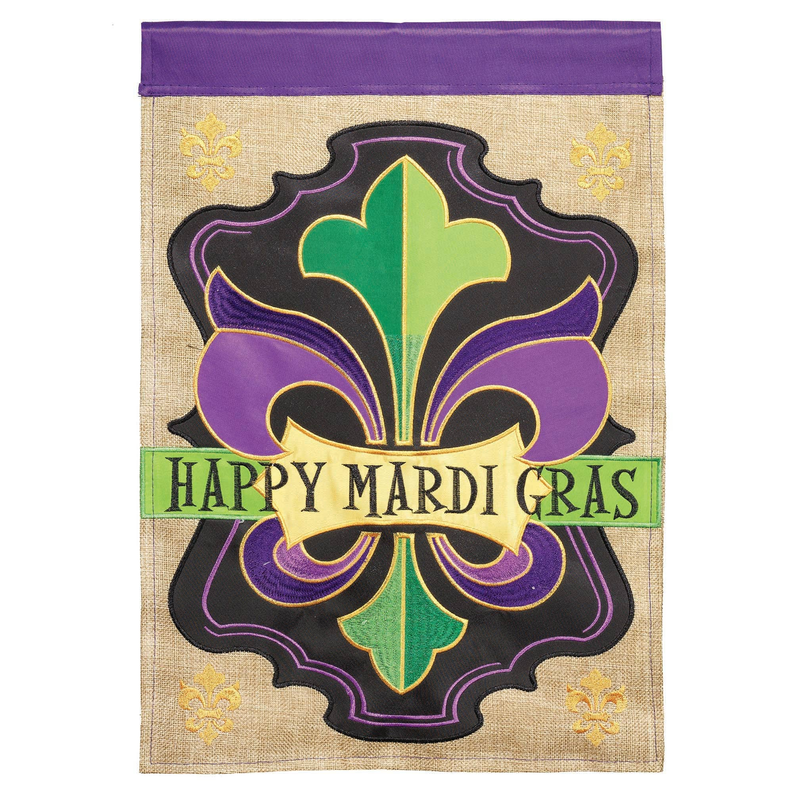 Happy Mardi Gras Burlap Double Applique House Flag