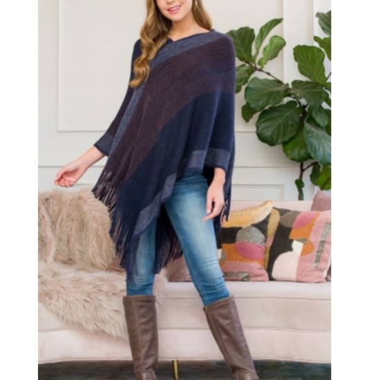 Three Tone Fringe Poncho - One Size Navy