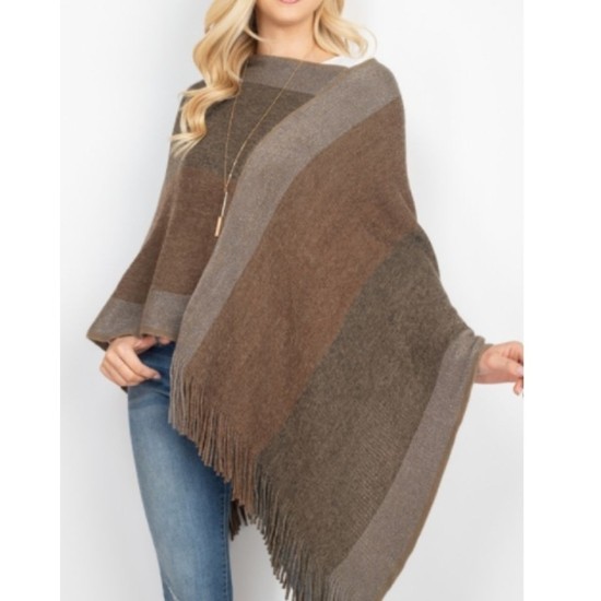 Three Tone Fringe Poncho - One Size Light Brown