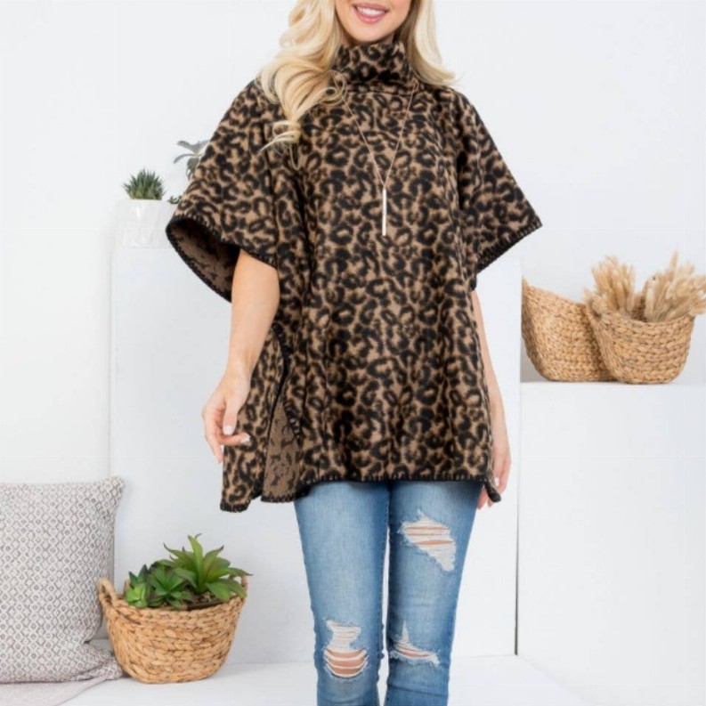 Turtle Neck Leopard Print Poncho