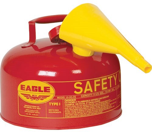 Red Galvanized Steel Type 1 Gasoline Safety Can with Funnel, 2 gallon Capacity