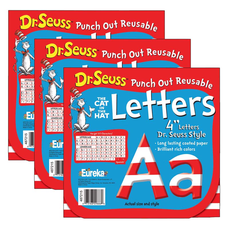 Dr. Seuss Stripes Reusable Punch Out Deco Letters, 4", 217 Pieces Per Pack, 3 Packs
