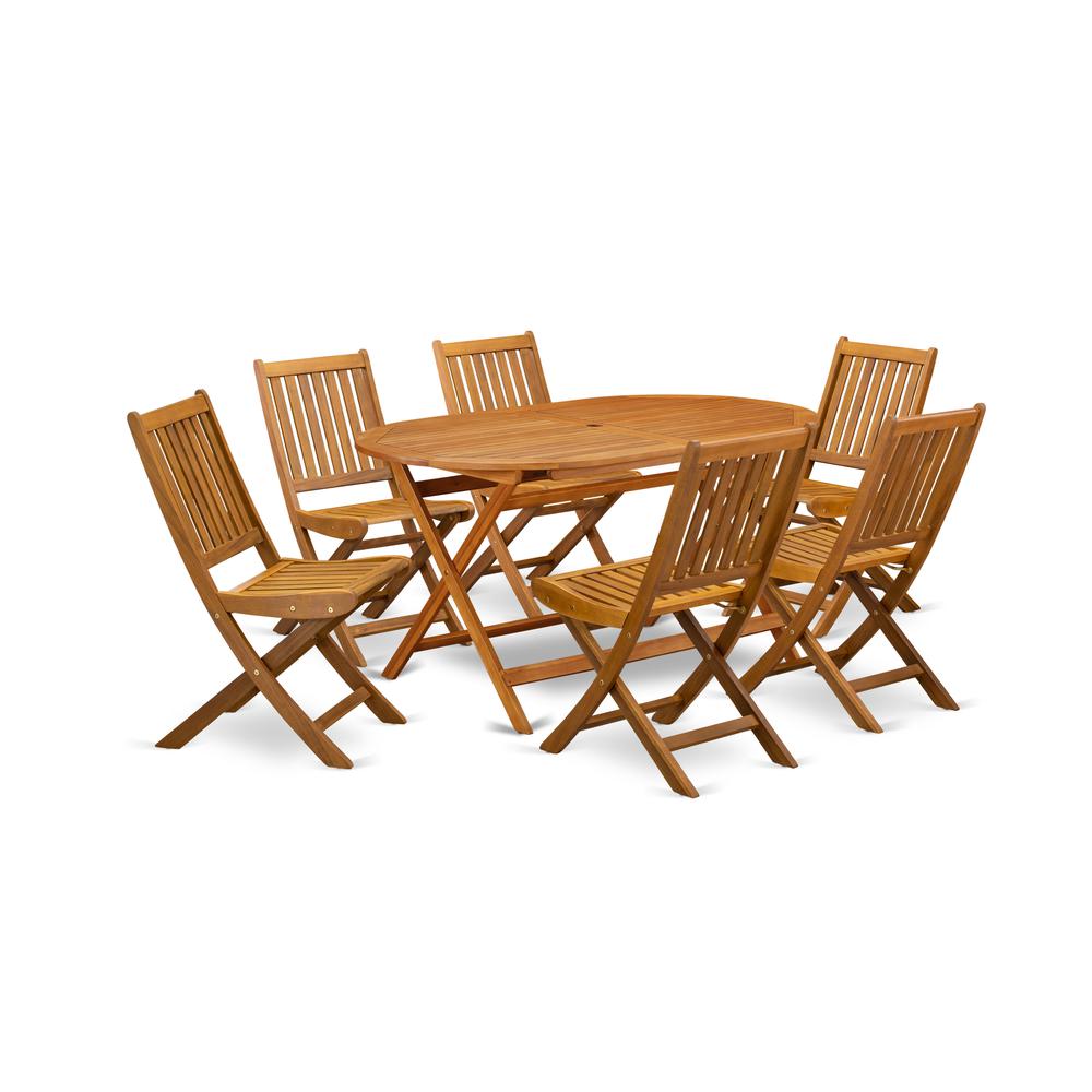 East West Furniture DIDK7CWNA 7-Piece Outdoor Table Set- 6 Outdoor Folding Chairs Slatted Back and Patio Table and Round Top wit
