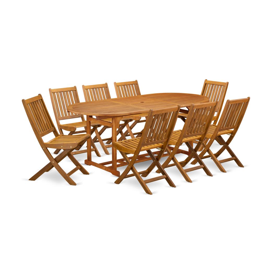 East West Furniture BSDK9CWNA 9-Piece Patio Set- 8 Modern Chairs Slatted Back and Outdoor Coffee Table and Round Top with Wood 4