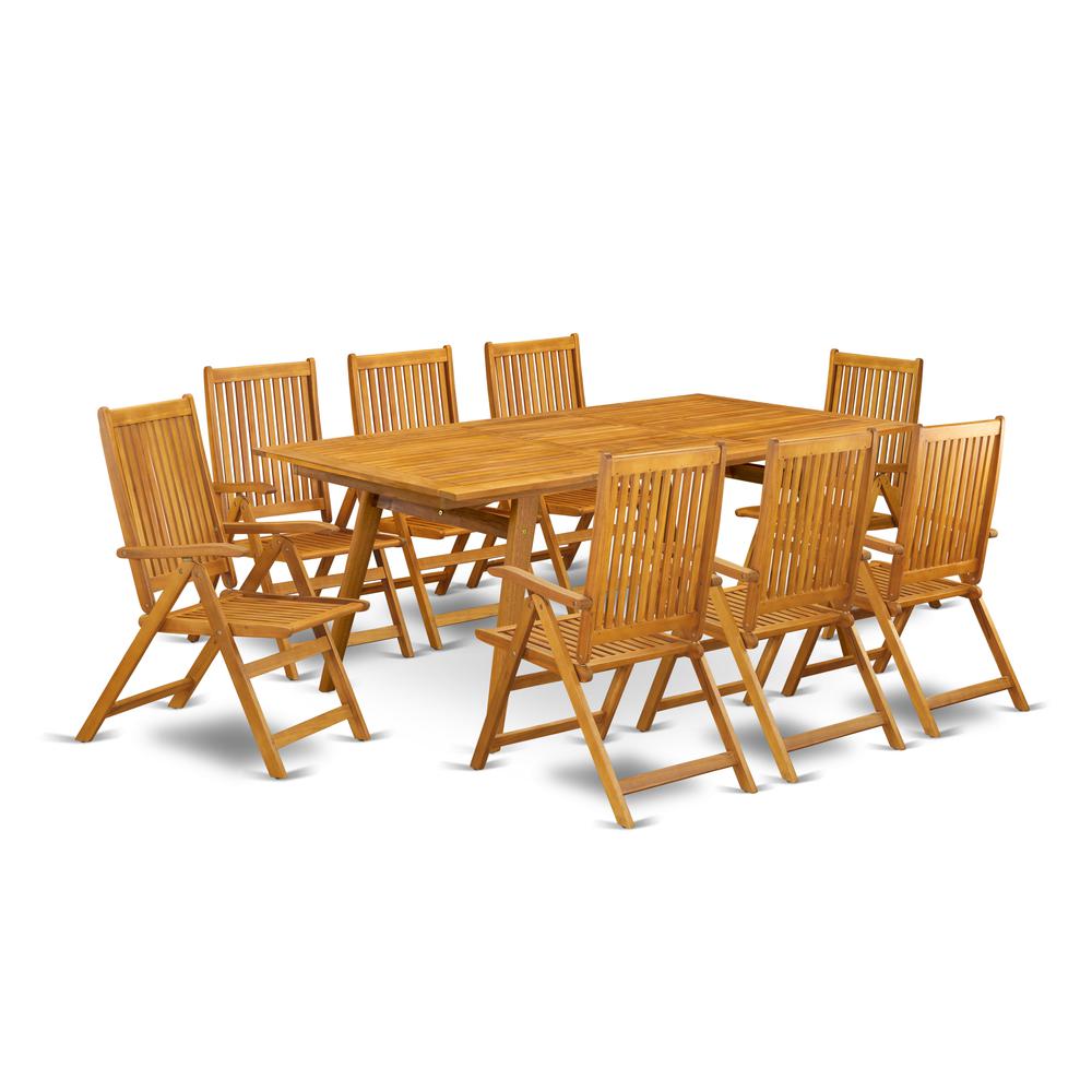 East West Furniture DECN9C5NA 9-Pc Outdoor Dining Table Set- 8 Folding Arm Chairs For Outside Slatted Back and Patio Table and R