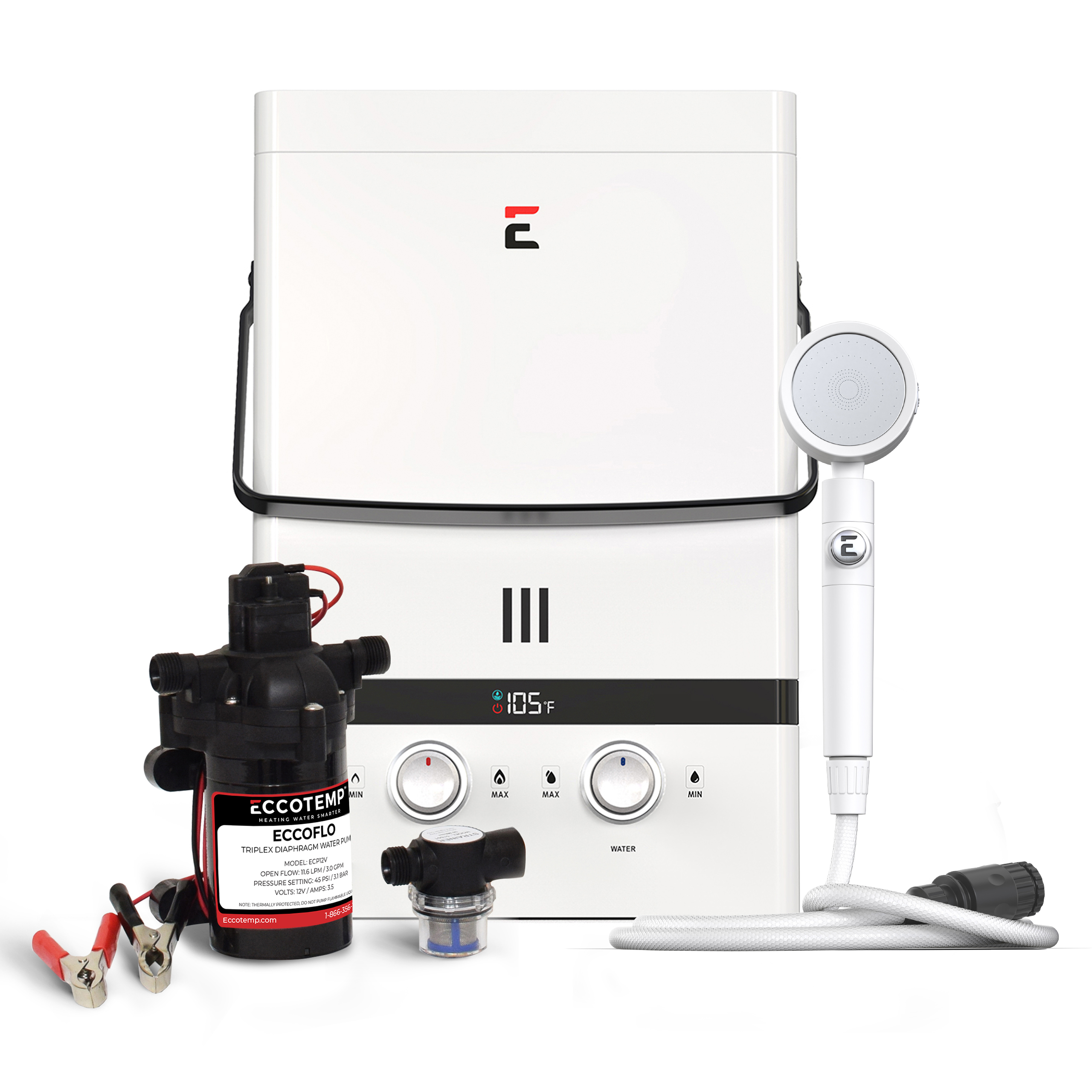 Eccotemp Luxe 1.85 GPM Outdoor Portable Tankless Water Heater w/ EccoFlo Diaphragm 12V Pump and Strainer