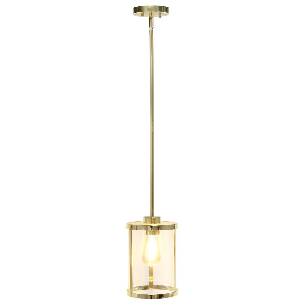 9.25" Modern 1-Light Metal and Clear Hanging Ceiling Pendant, Gold