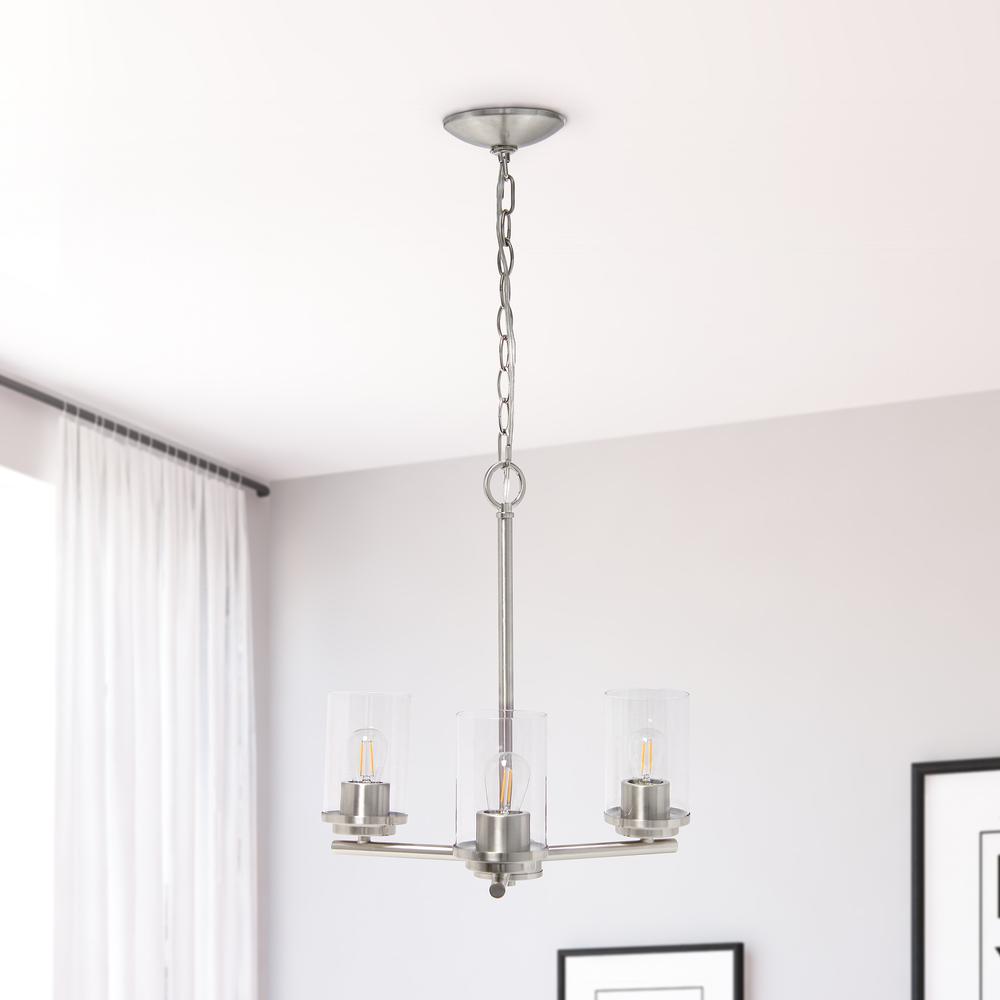 15" 3-Light Metal Clear Glass Foyer Hanging Pendant Chandelier, Brushed Nickel