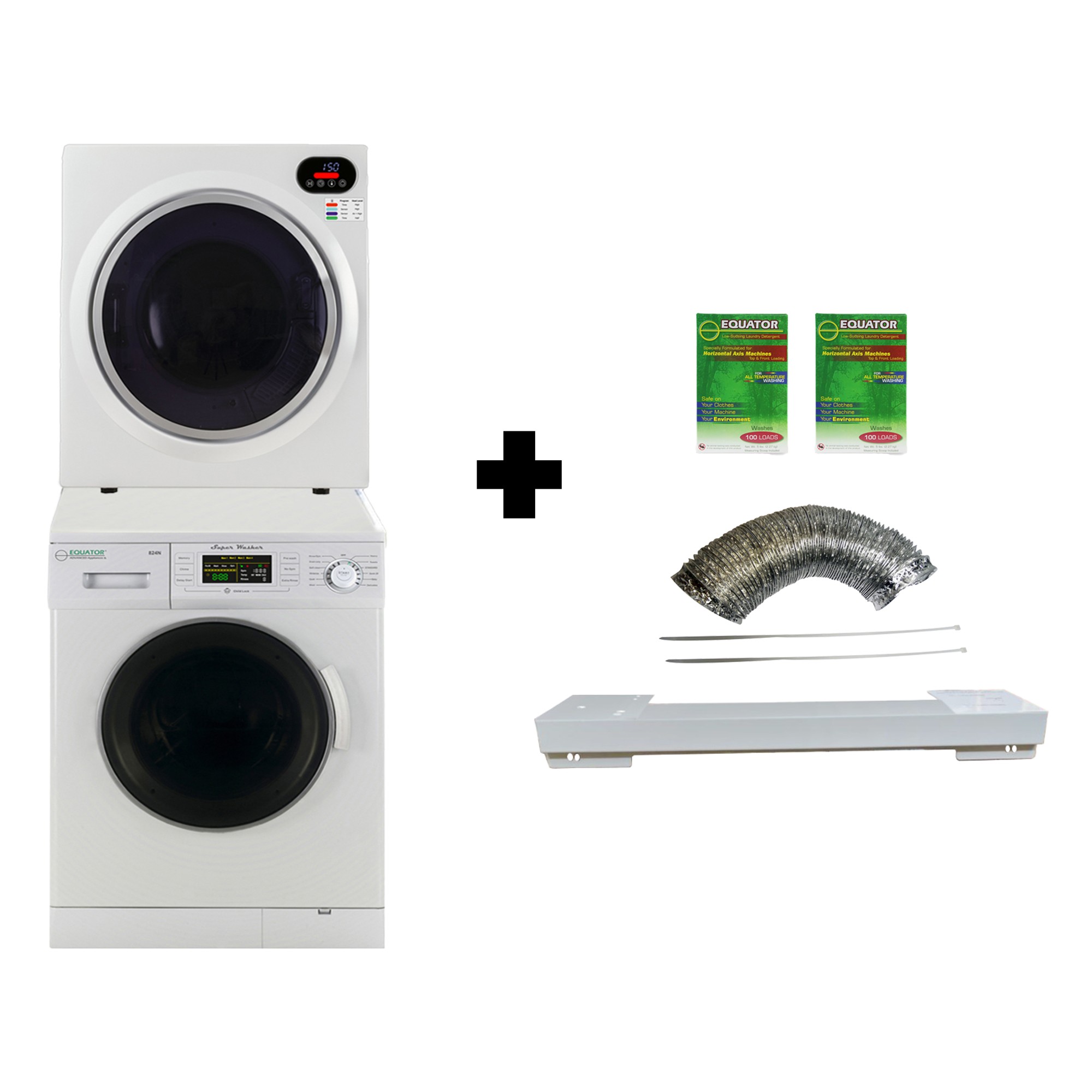 Equator 13lbs White comapct Washer 2.6 cu.ft White Compact Dryer - Stackable Set(With two Boxes of HE Detergent)				