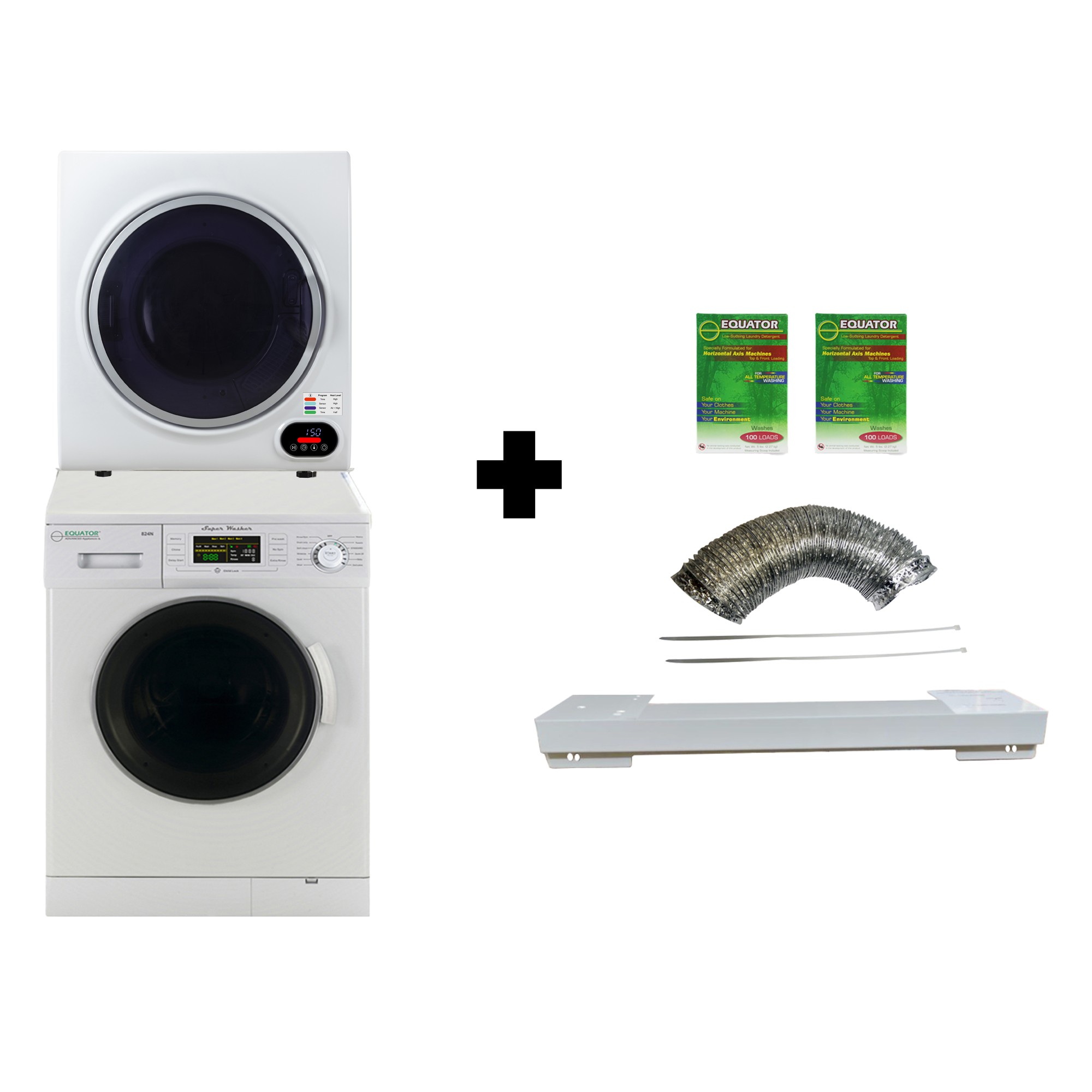 Equator 18lbs White Super Washer 13lbs White Compact Dryer - Stackable Set		(with two boxes of HE Detergent)		