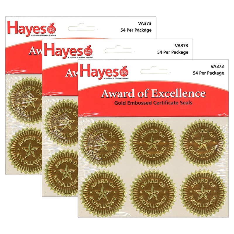 Gold Foil Embossed, Award of Excellence, Certificate Seals, 54 Seals Per Pack, 3 Packs