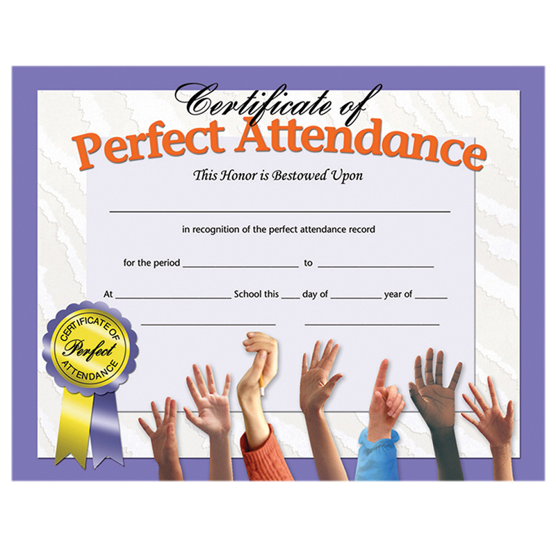 Certificate of Perfect Attendance, 8.5" x 11", Pack of 30