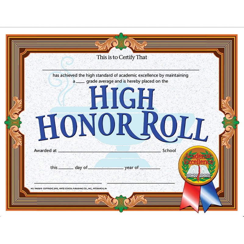 High Honor Roll Certificate, 8.5" x 11", Pack of 30