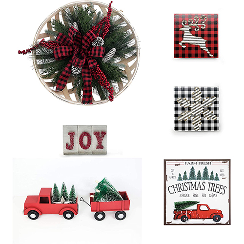 FHF Farmhouse Mantel Decor 5PC Set, Wreath, Signs, Truck/Wagon