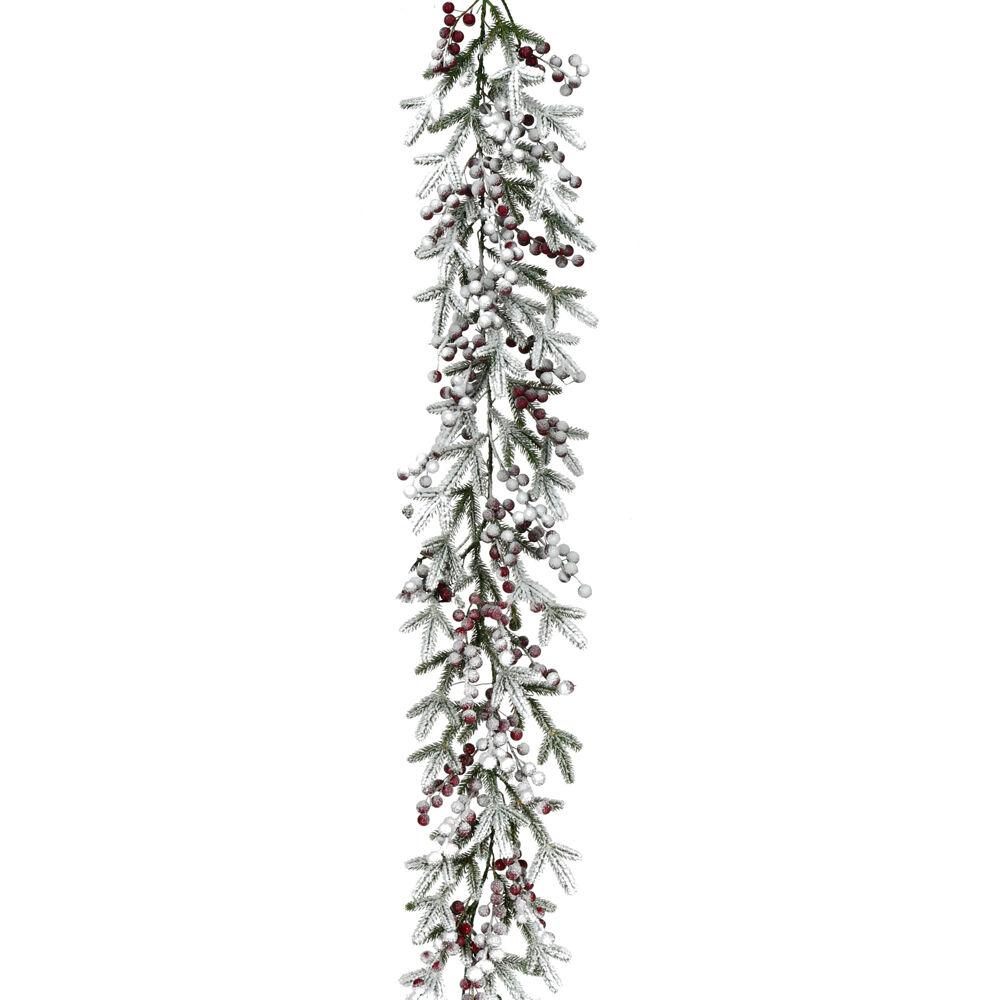 FHF 9' Flocked Pine Garland w/ Red Berries