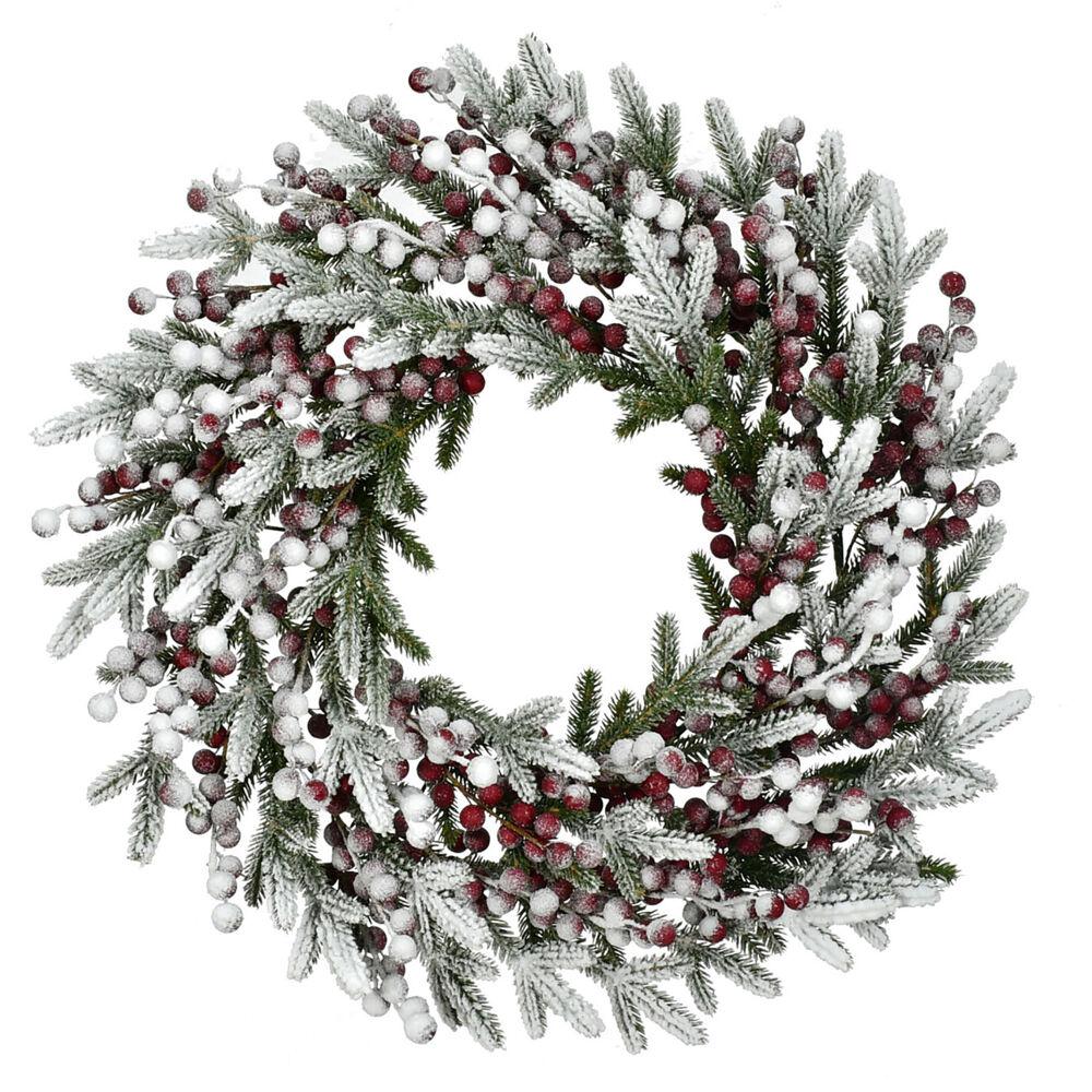 FHF 25" Flocked Pine Wreath w/ Red Berries