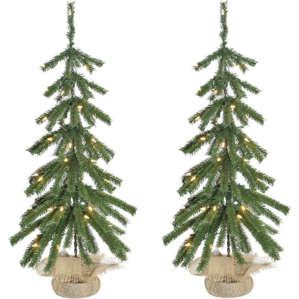 FHF 3' Downswept Farmhouse Fir, Burlap Bag, Warm White LED Lights, SET 2