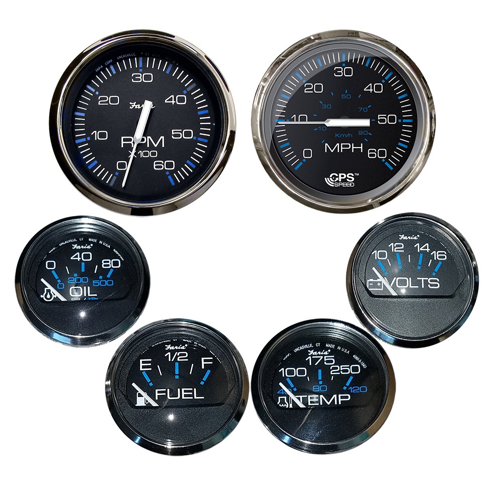 Faria Box Set of 6 Gauges - Speed, Tach, Fuel Level, Voltmeter, Water, Temp & Oil PSI - Chesapeake Black w/Stainless Steel B