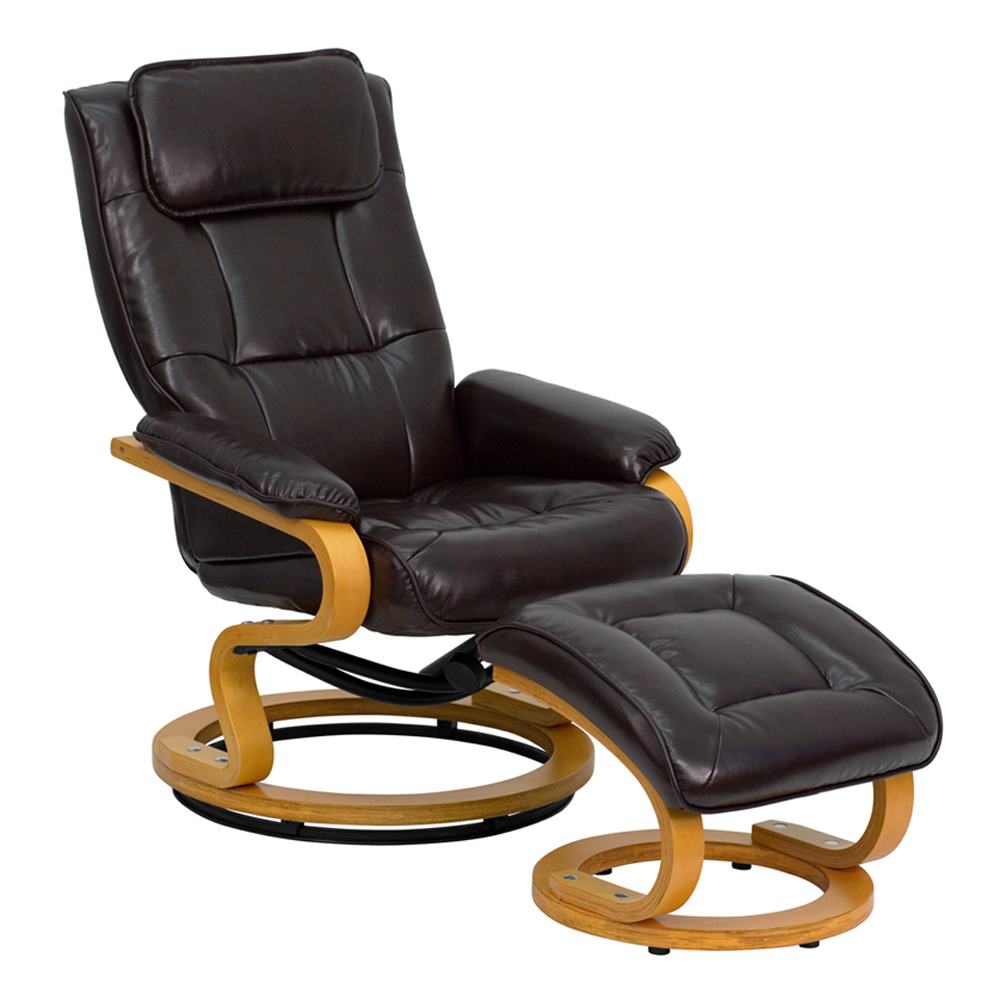 Contemporary Adjustable Recliner and Ottoman with Swivel Maple Wood Base in Brown LeatherSoft