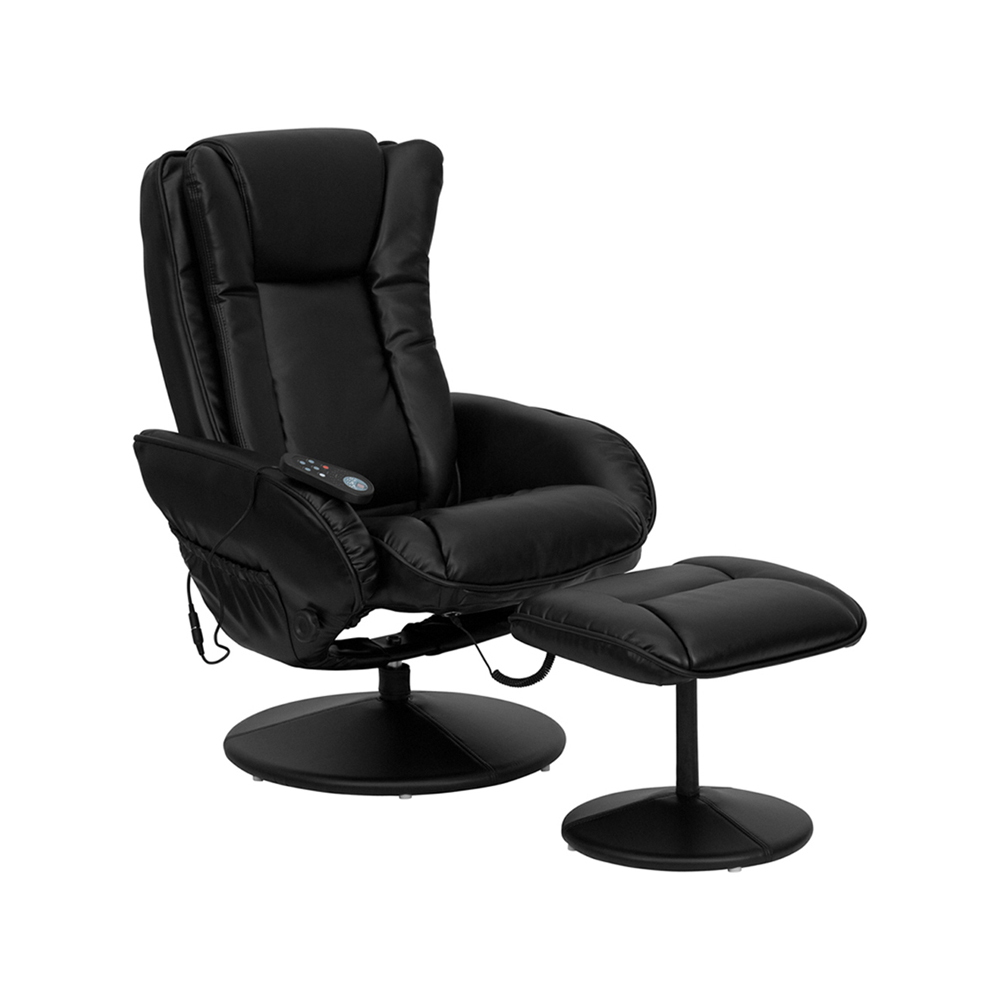 Massaging Multi-Position Plush Recliner with Side Pocket and Ottoman in Black LeatherSoft