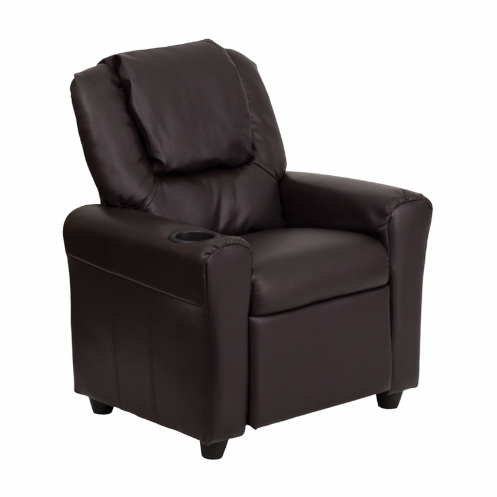 Contemporary Brown LeatherSoft Kids Recliner with Cup Holder and Headrest