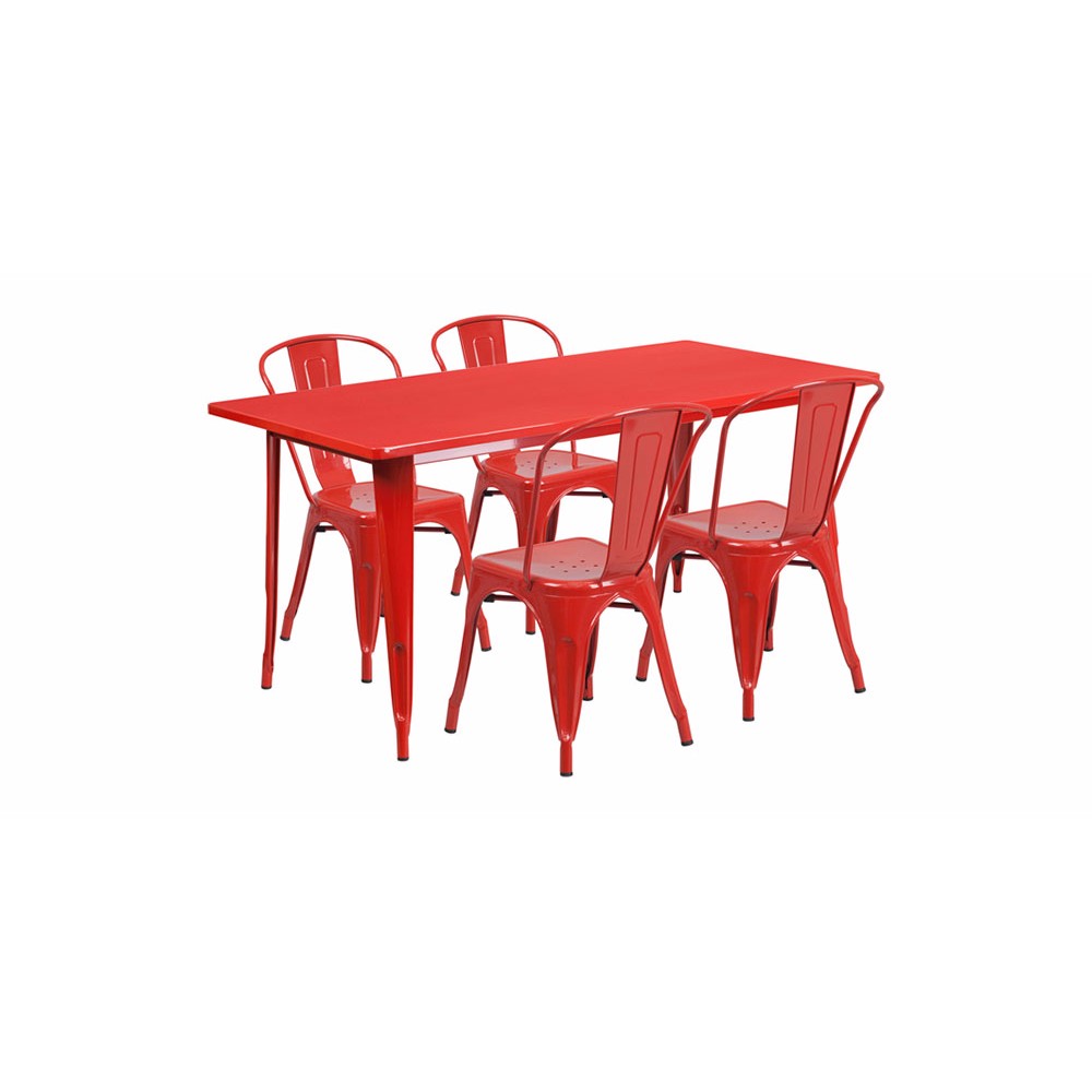 31.5'' x 63'' Rectangular Red Metal Indoor-Outdoor Table Set with 4 Stack Chairs