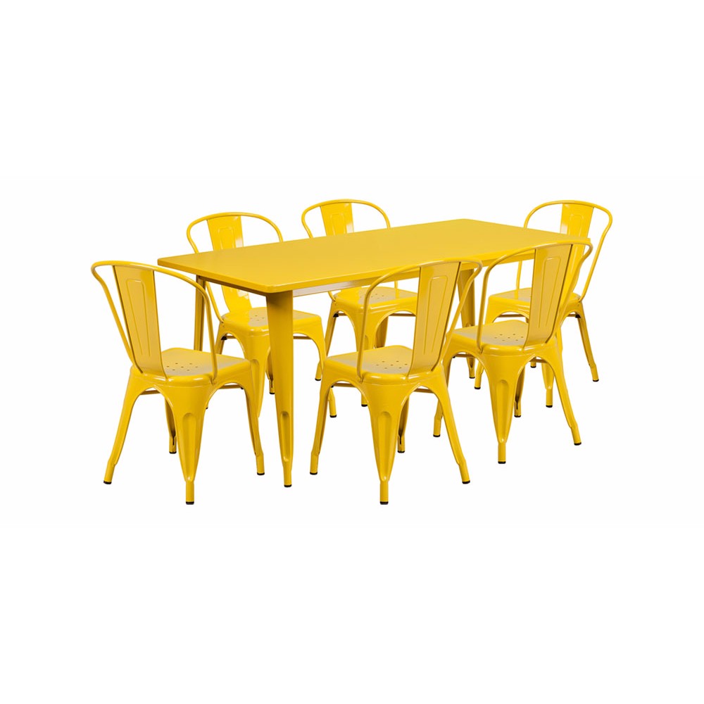 31.5''x63'' Rectangular Yellow Metal In-Outdoor Table Set with 6 Stack Chairs