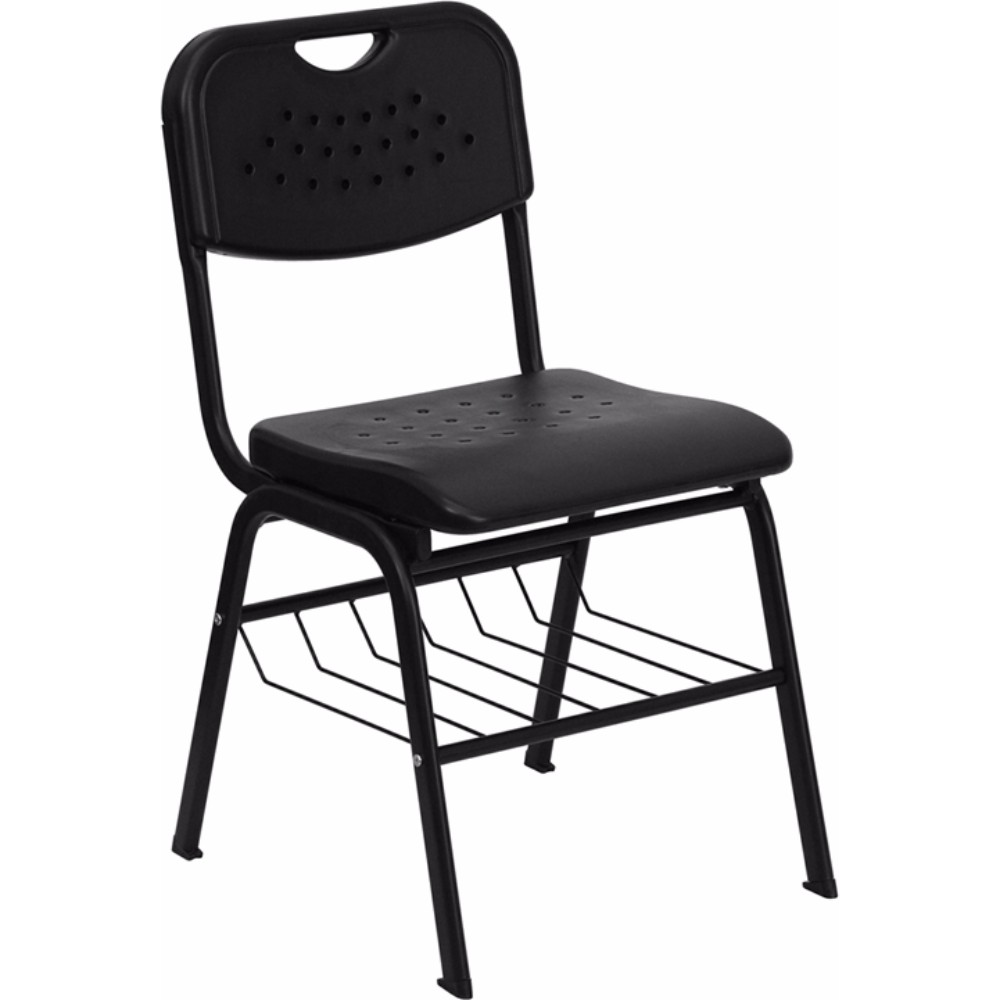 HERCULES Series 880 lb. Capacity Black Plastic Chair with Black Frame and Book Basket