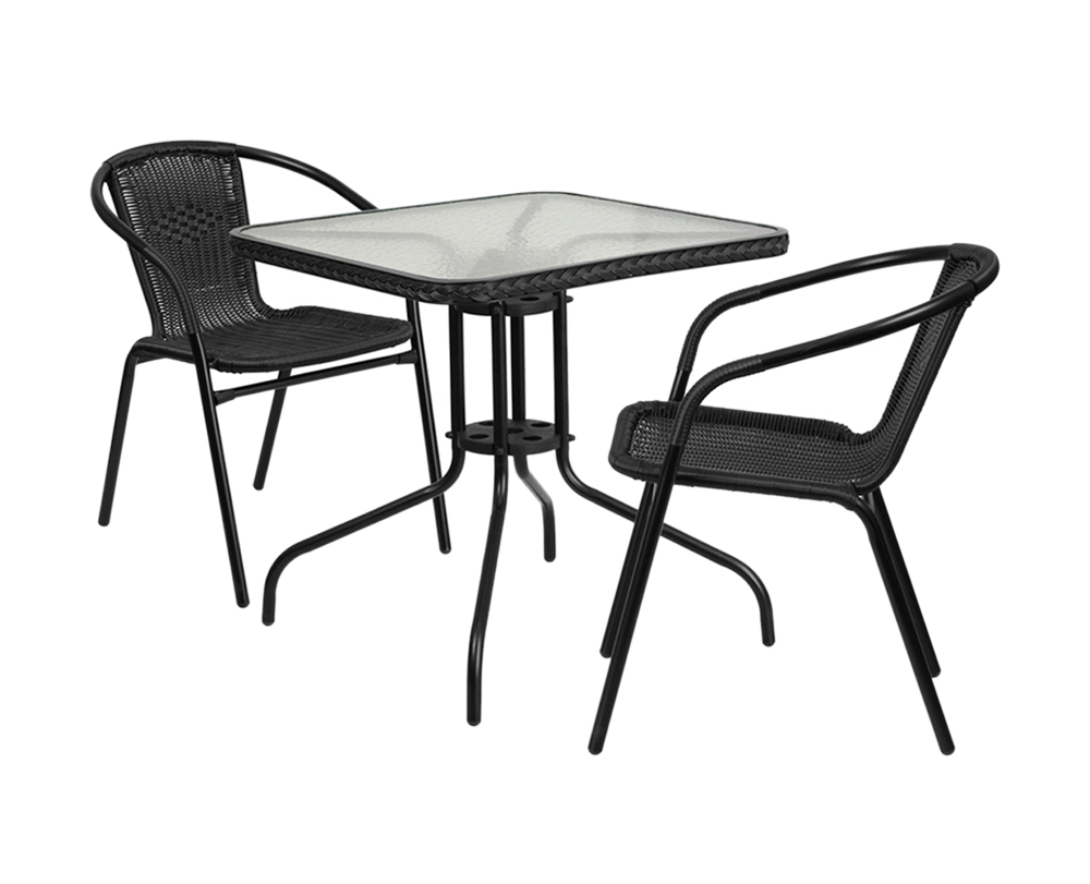 28'' Square Glass Metal Table with Black Rattan Edging and 2 Black Rattan Stack Chairs