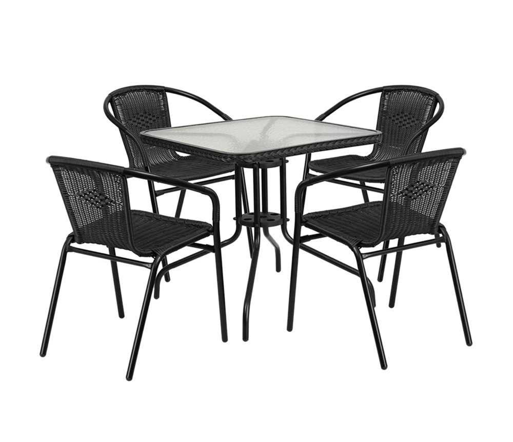 28'' Square Glass Metal Table with Black Rattan Edging and 4 Black Rattan Stack Chairs