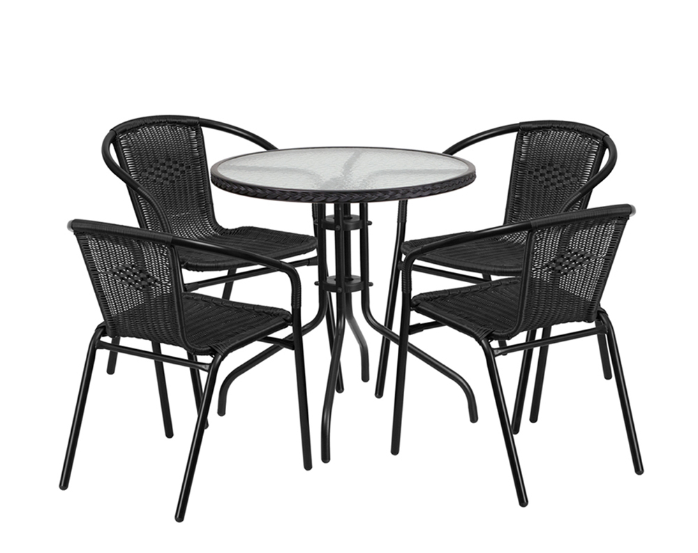 28'' Round Glass Metal Table with Black Rattan Edging and 4 Black Rattan Stack Chairs