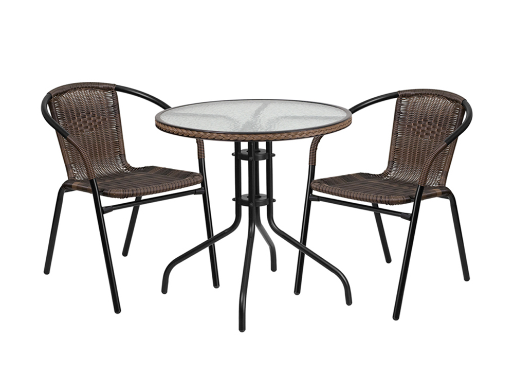 28'' Round Glass Metal Table with Dark Brown Rattan Edging and 2 Dark Brown Rattan Stack Chairs