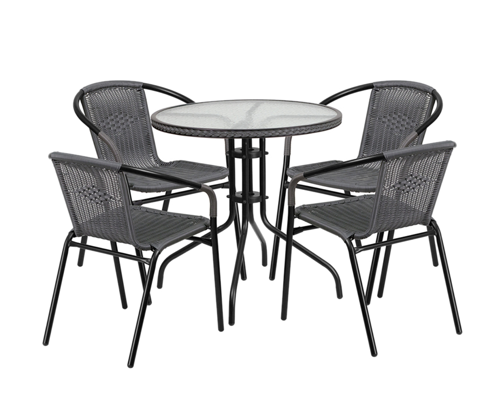 28'' Round Glass Metal Table with Gray Rattan Edging and 4 Gray Rattan Stack Chairs