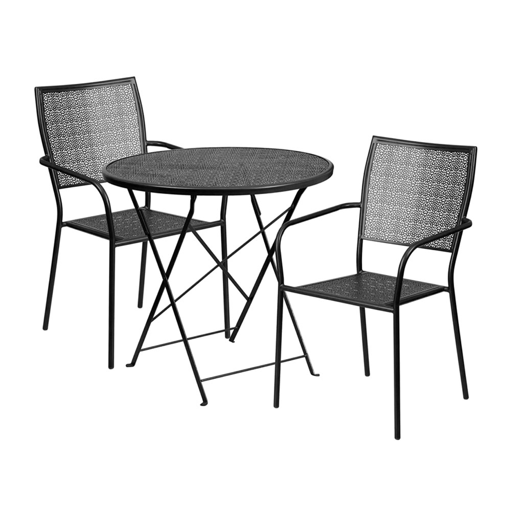 Commercial Grade 30" Round Black Indoor-Outdoor Steel Folding Patio Table Set with 2 Square Back Chairs