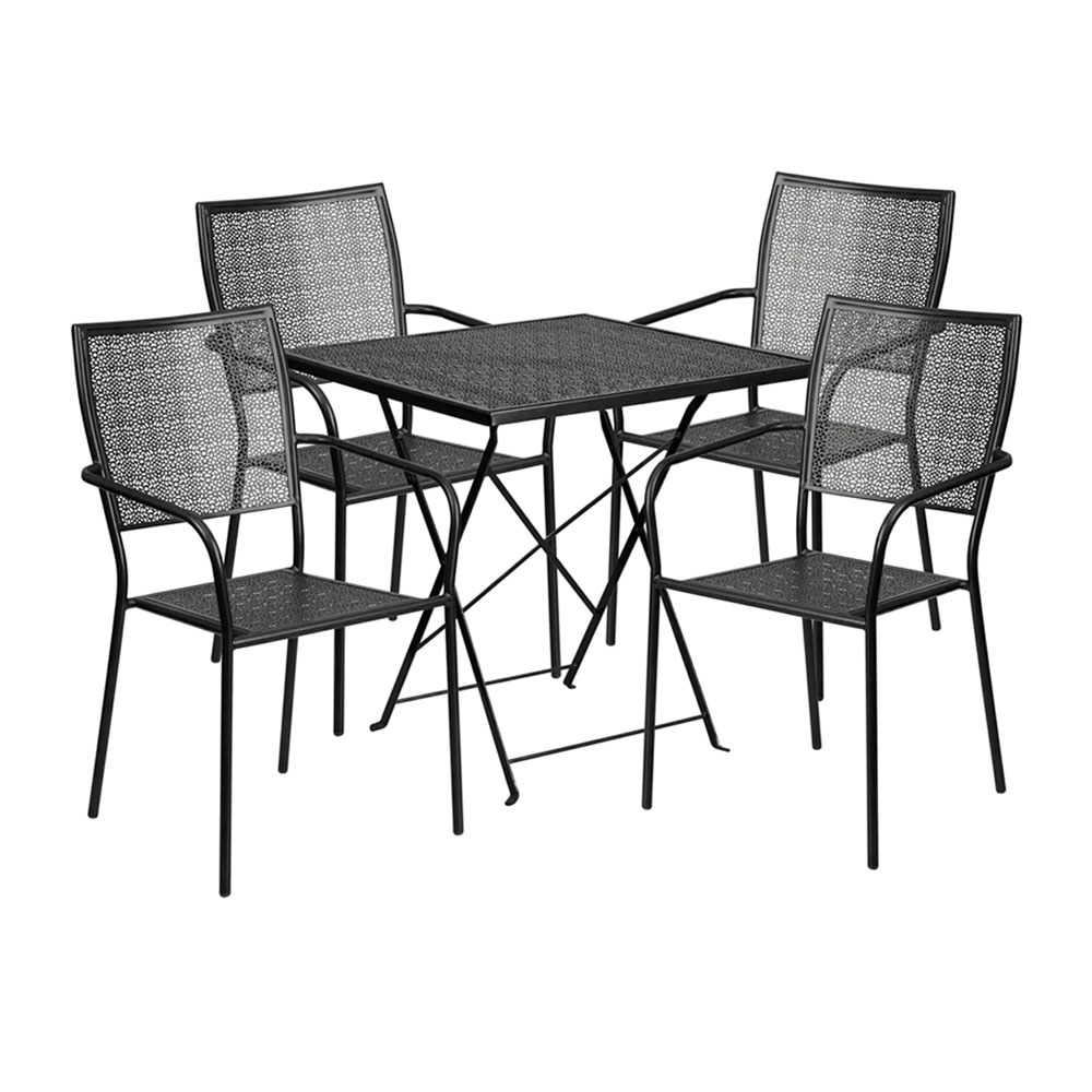 Commercial Grade 28" Square Black Indoor-Outdoor Steel Folding Patio Table Set with 4 Square Back Chairs