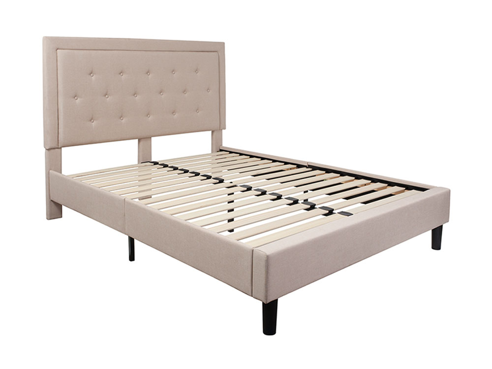 Roxbury Queen Size Tufted Upholstered Platform Bed in Beige Fabric