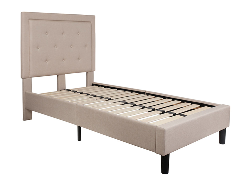 Roxbury Twin Size Tufted Upholstered Platform Bed in Beige Fabric