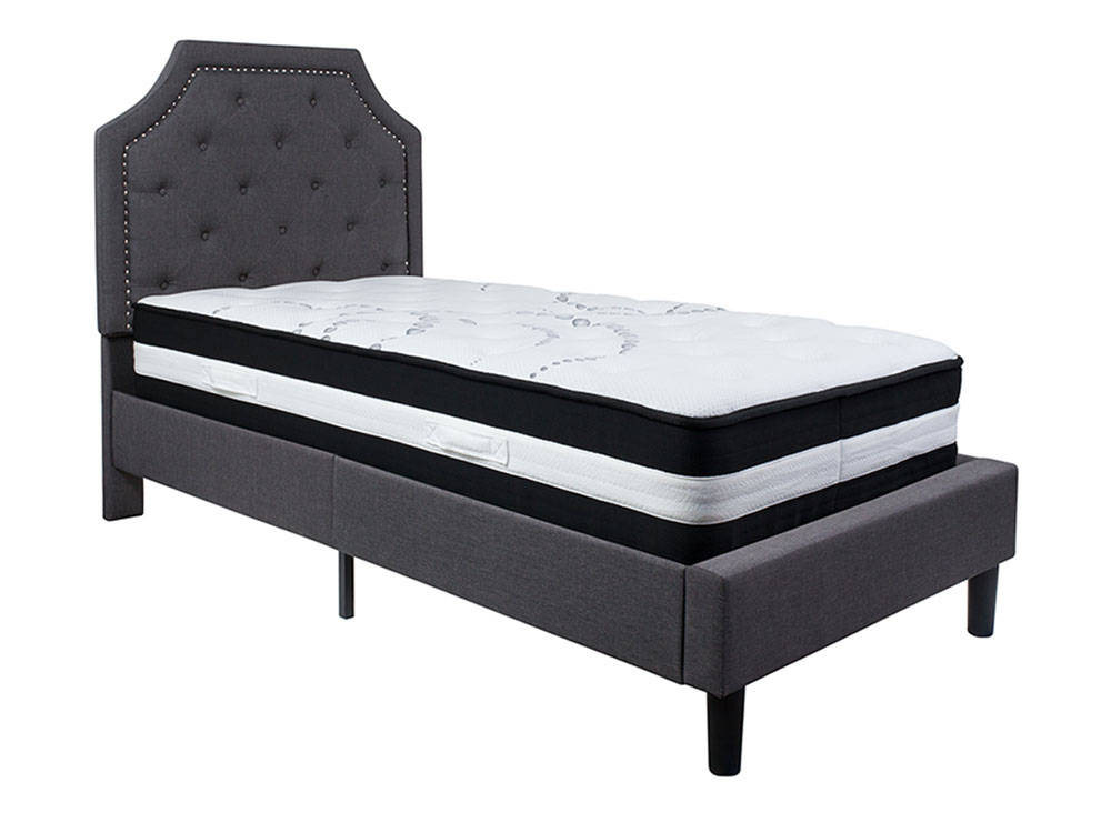 Brighton Twin Size Tufted Upholstered Platform Bed in Dark Gray Fabric with Pocket Spring Mattress