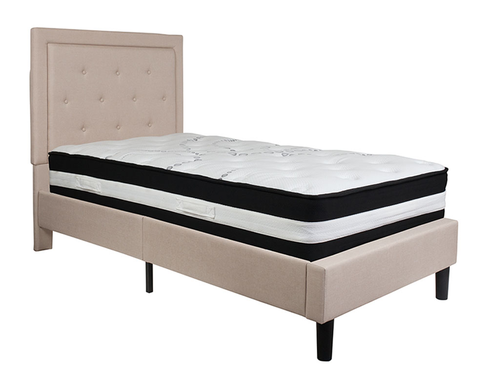 Roxbury Twin Size Tufted Upholstered Platform Bed in Beige Fabric with Pocket Spring Mattress