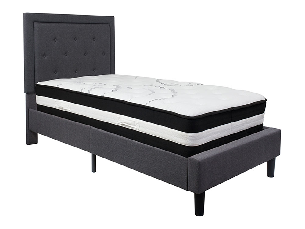 Roxbury Twin Size Tufted Upholstered Platform Bed in Dark Gray Fabric with Pocket Spring Mattress