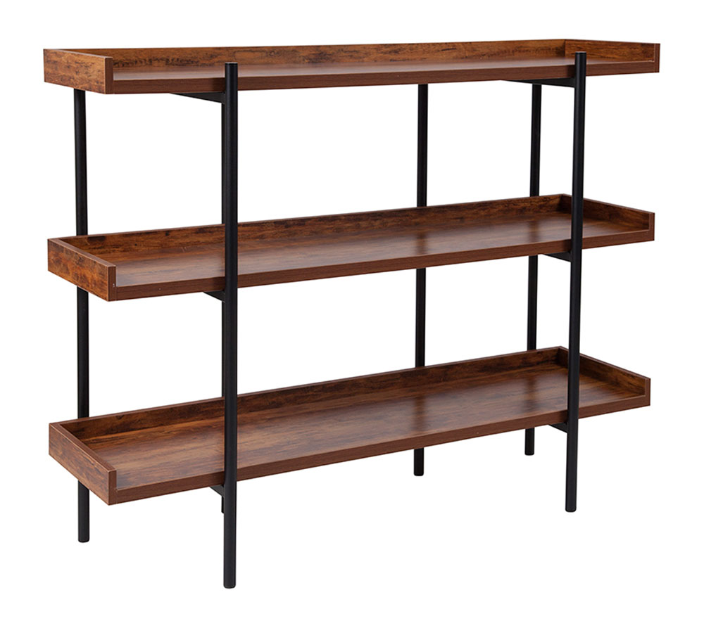 Mayfair 3 Shelf 35"H Storage Display Unit Bookcase with Black Metal Frame in Rustic Wood Grain Finish