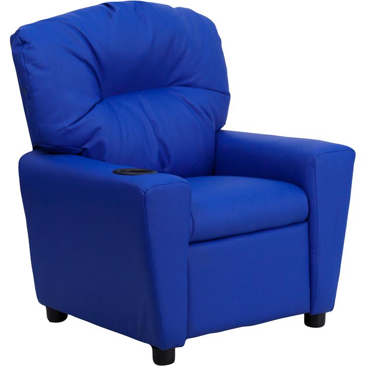 Contemporary Blue Vinyl Kids Recliner with Cup Holder