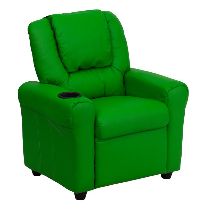 Contemporary Green Vinyl Kids Recliner with Cup Holder and Headrest