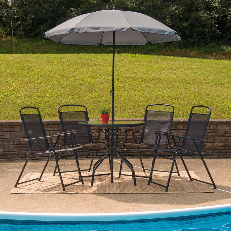 Nantucket 6 Piece Black Patio Garden Set with Table, Umbrella and 4 Folding Chairs