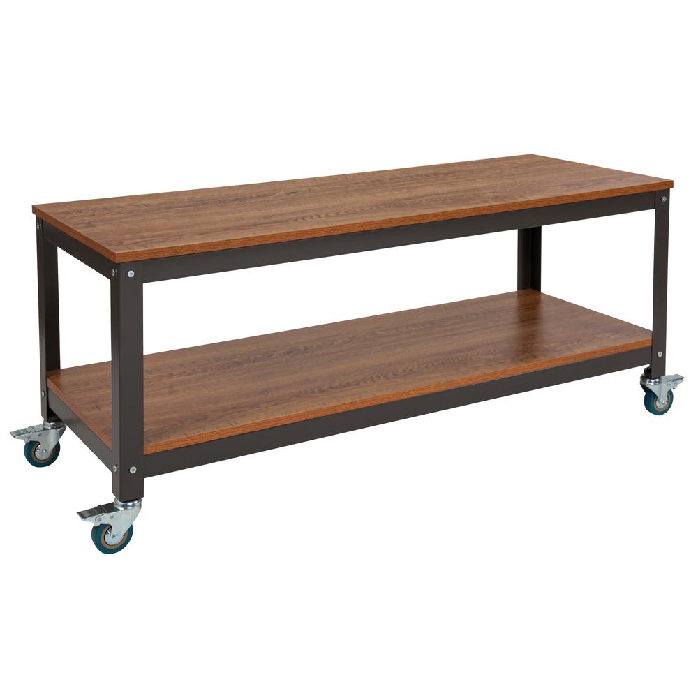 Livingston Collection TV Stand in Brown Oak Wood Grain Finish with Metal Wheels