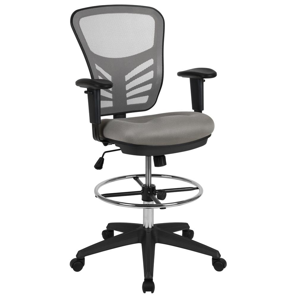 Mid-Back Light Gray Mesh Ergonomic Drafting Chair with Adjustable Chrome Foot Ring, Adjustable Arms and Black Frame