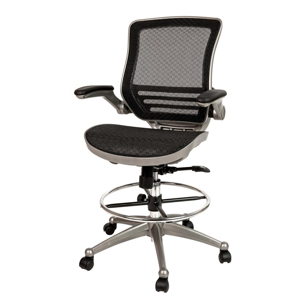 Mid-Back Transparent Black Mesh Drafting Chair with Graphite Silver Frame and Flip-Up Arms