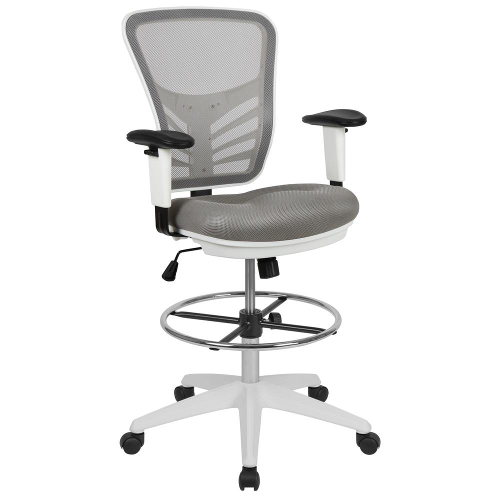Mid-Back Light Gray Mesh Ergonomic Drafting Chair with Adjustable Chrome Foot Ring, Adjustable Arms and White Frame