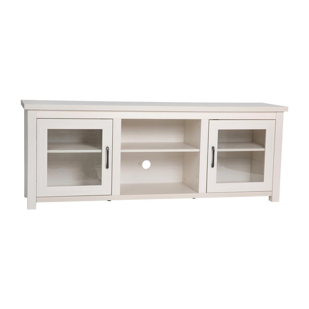 Sheffield Classic TV Stand up to 80" TVs - Modern White Wash Finish with Full Glass Doors  - 65" Engineered Wood Frame - 3 Shelv