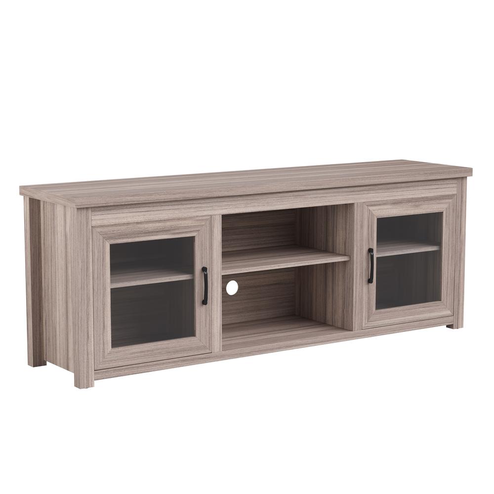 Sheffield Classic TV Stand up to 80" TVs - Gray Wash Oak Finish with Full Glass Doors  - 65" Engineered Wood Frame - 3 Shelves